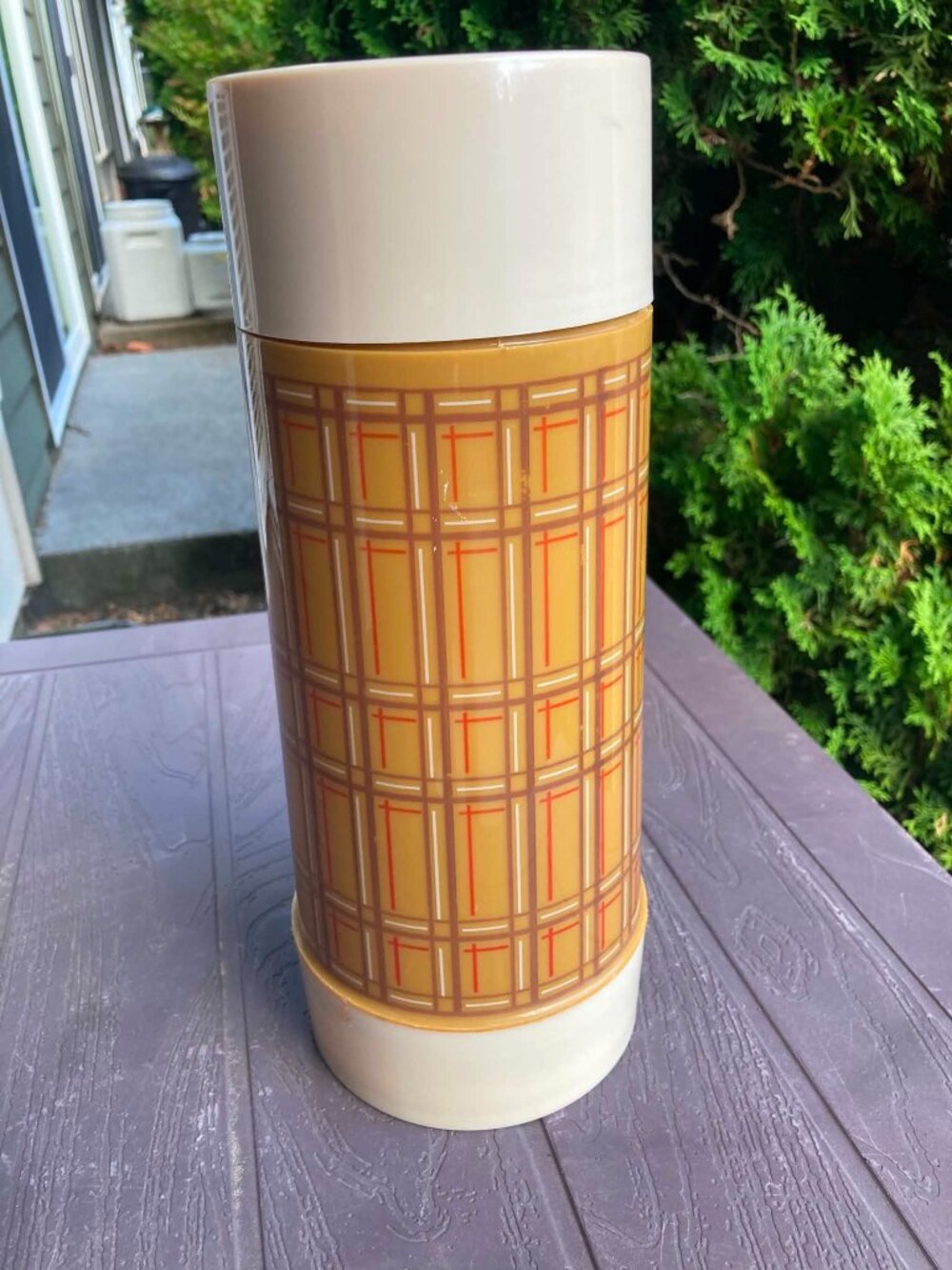 EUC Vintage RARE Aladdin Tan/Brown Plaid 1 Qt. Wide Mouth Thermos Stopper Retro